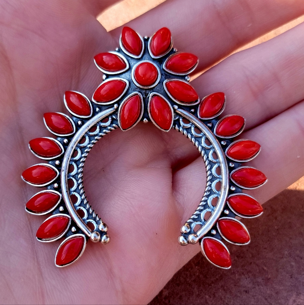 STERLING SILVER 925 CAROLYN POLLACK SQUASH BLOSSOM STYLE PENDANT/ENHANCE RED